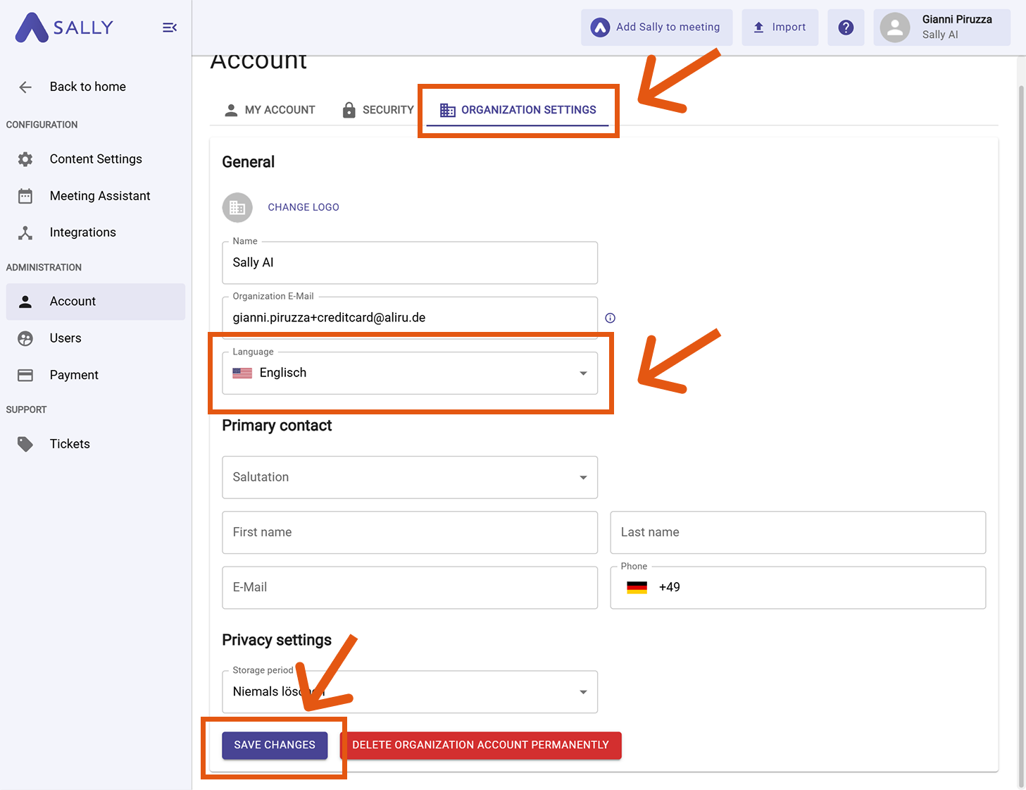 Organization Settings tab with the organization Language dropdown and Save changes button highlighted