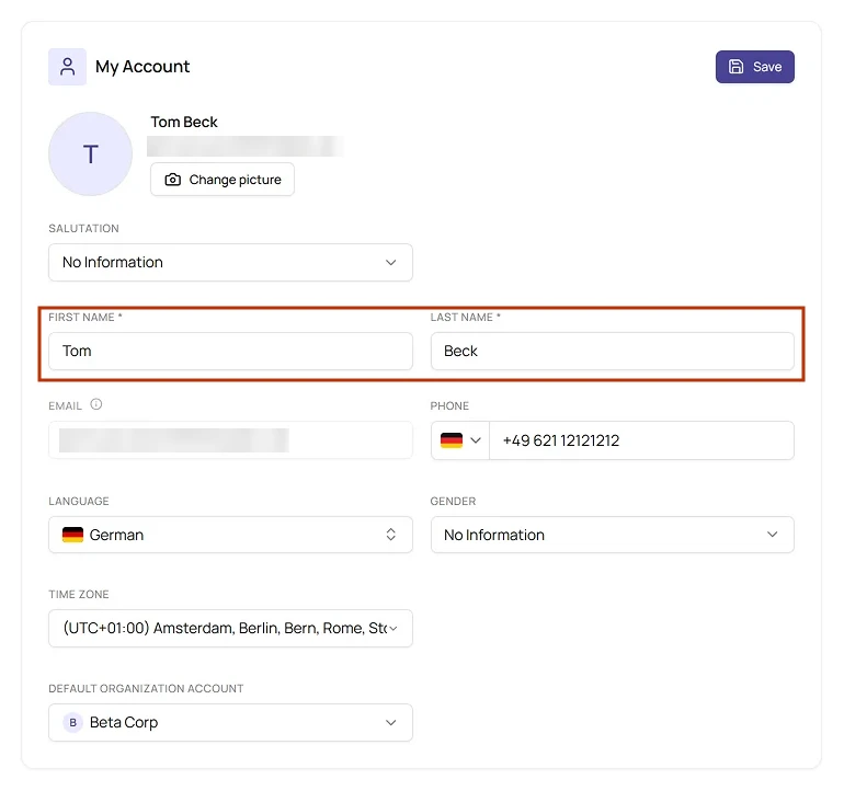 My Account tab with the First name and Last name fields highlighted