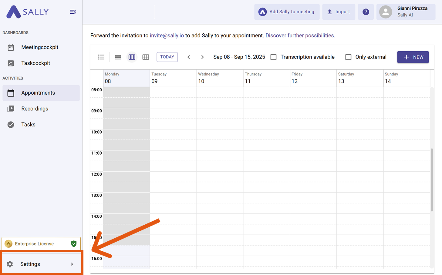 Sally calendar view with Settings highlighted in the left sidebar