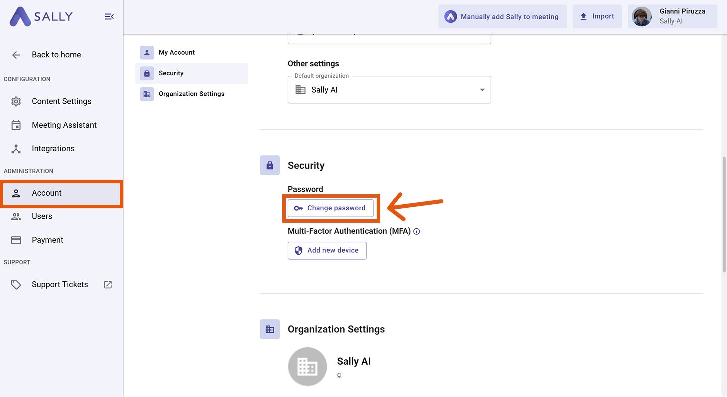 Security settings with the Change password button highlighted