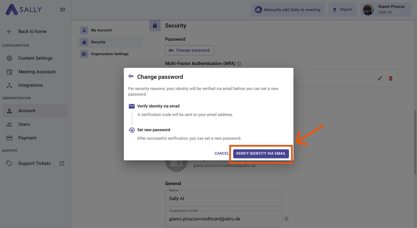 Change password dialog showing the two steps: Verify identity via email and Set new password