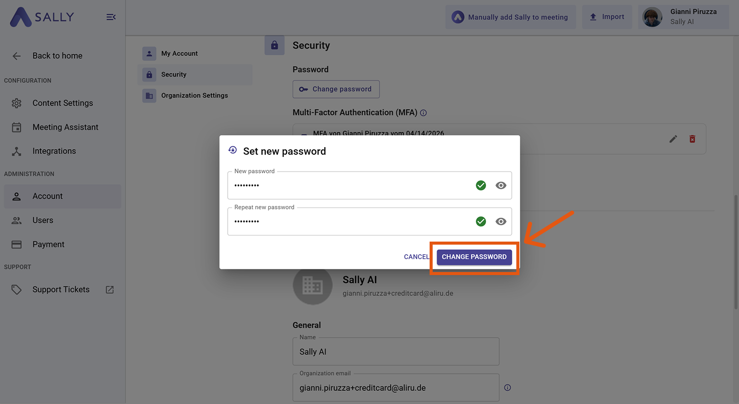 Set new password dialog with input fields for new password and confirmation, and the Change password button highlighted