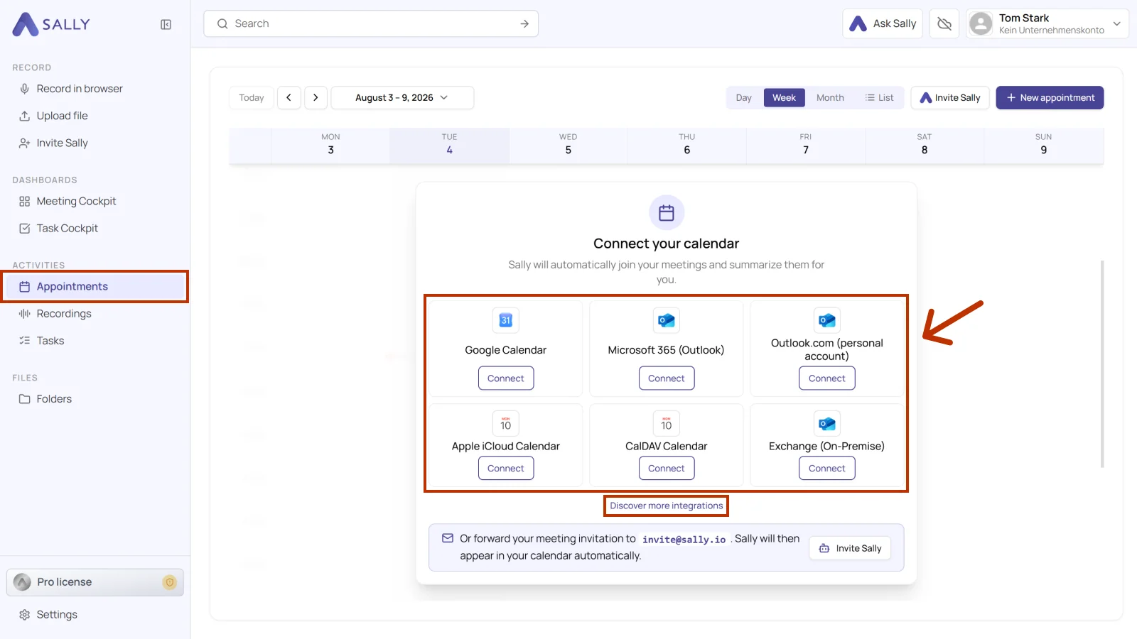 Connect your calendar card in the Sally Appointments tab with all available calendar providers