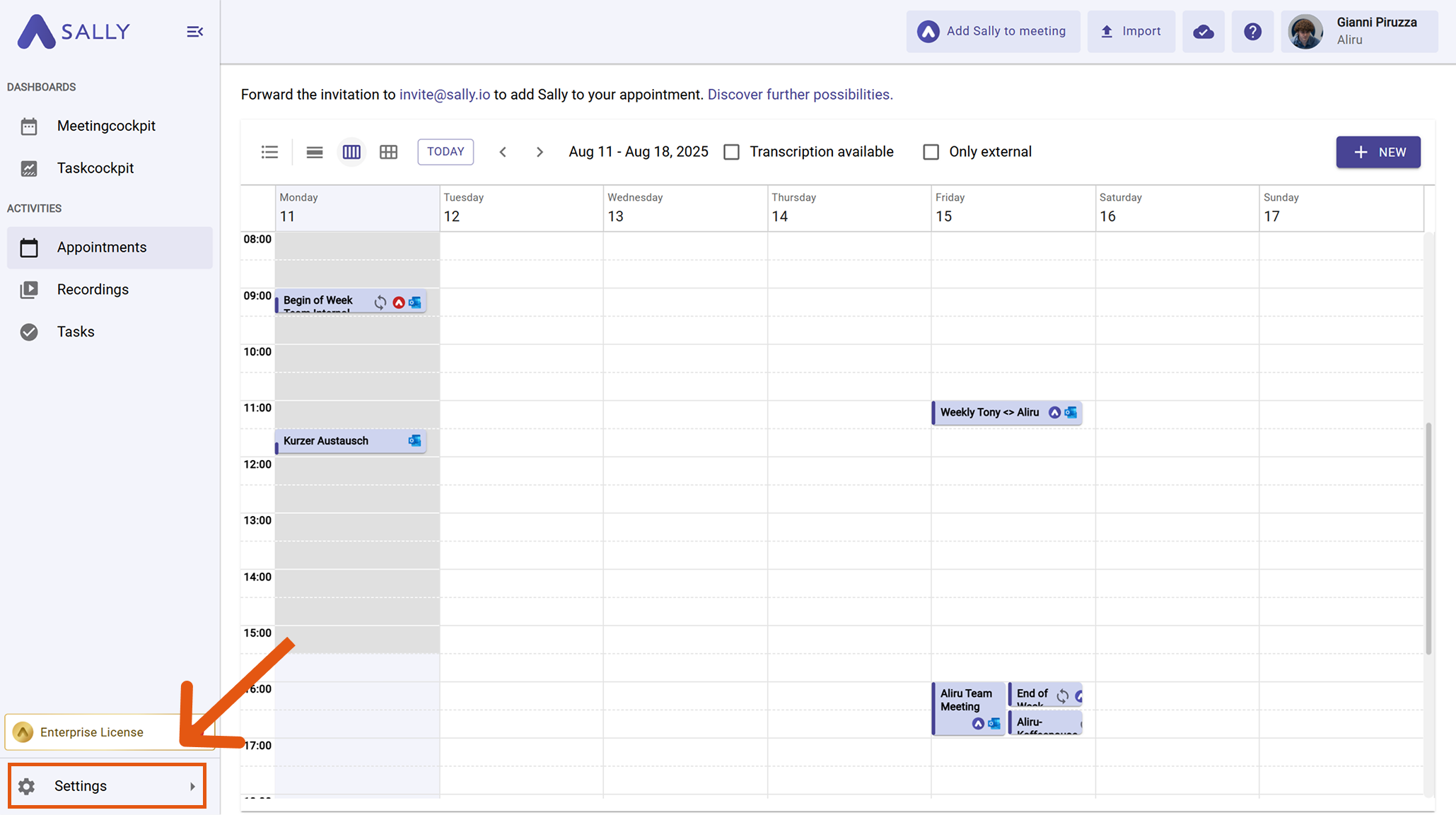 Calendar settings Sally AI