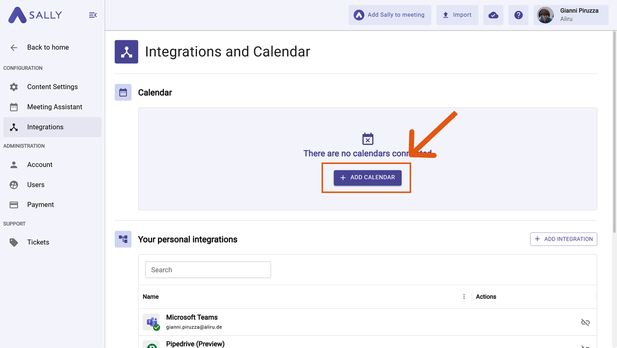 Calendar integration Sally AI