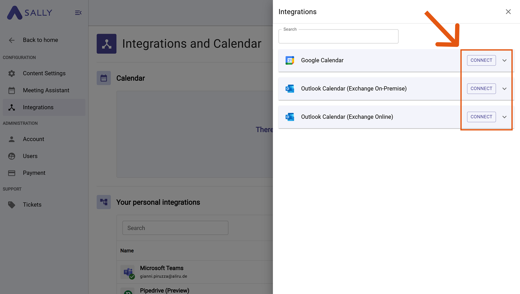 Connect Calendar to Sally