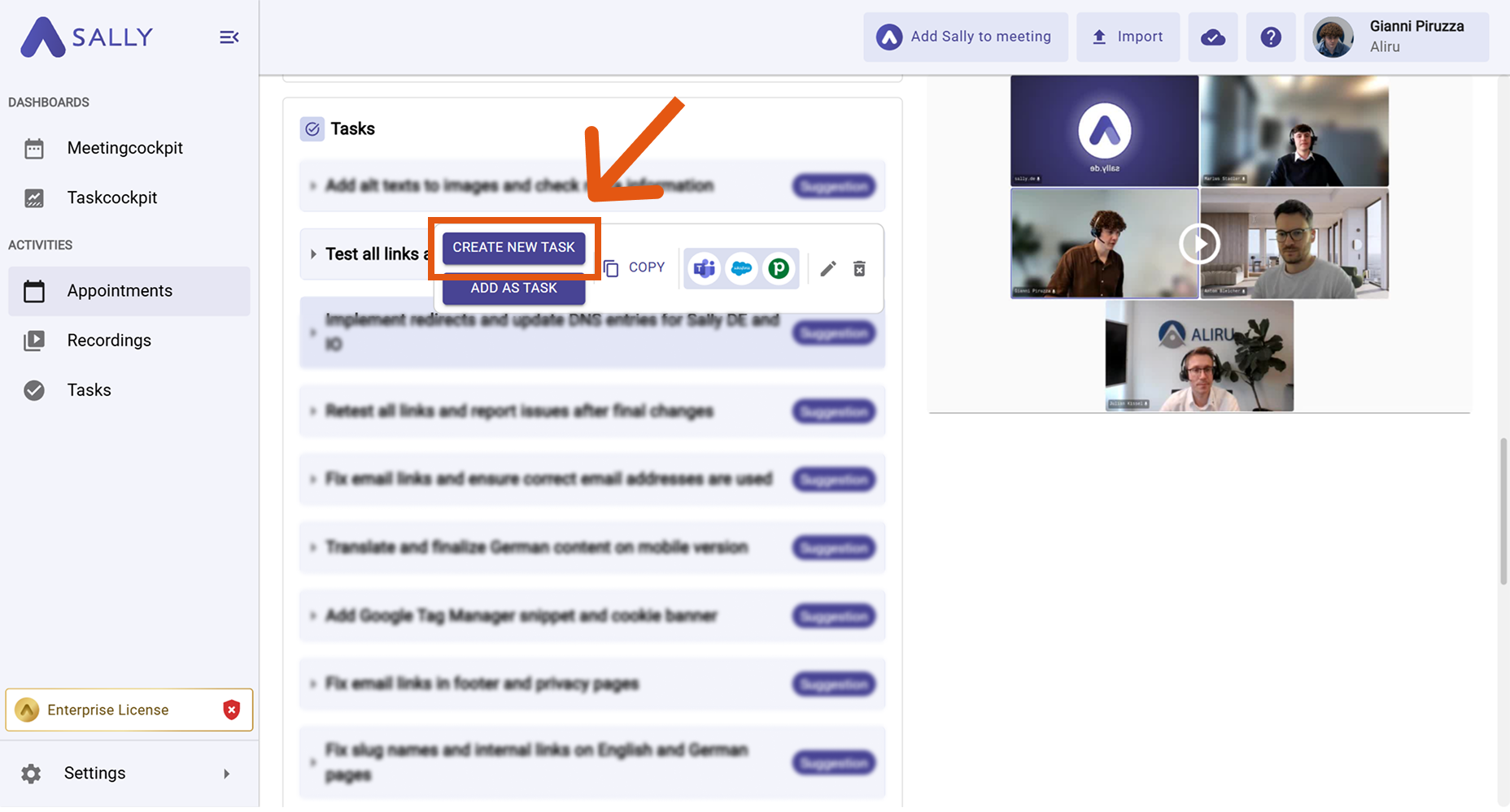 Option to create a new task in Sally by clicking Create New Task