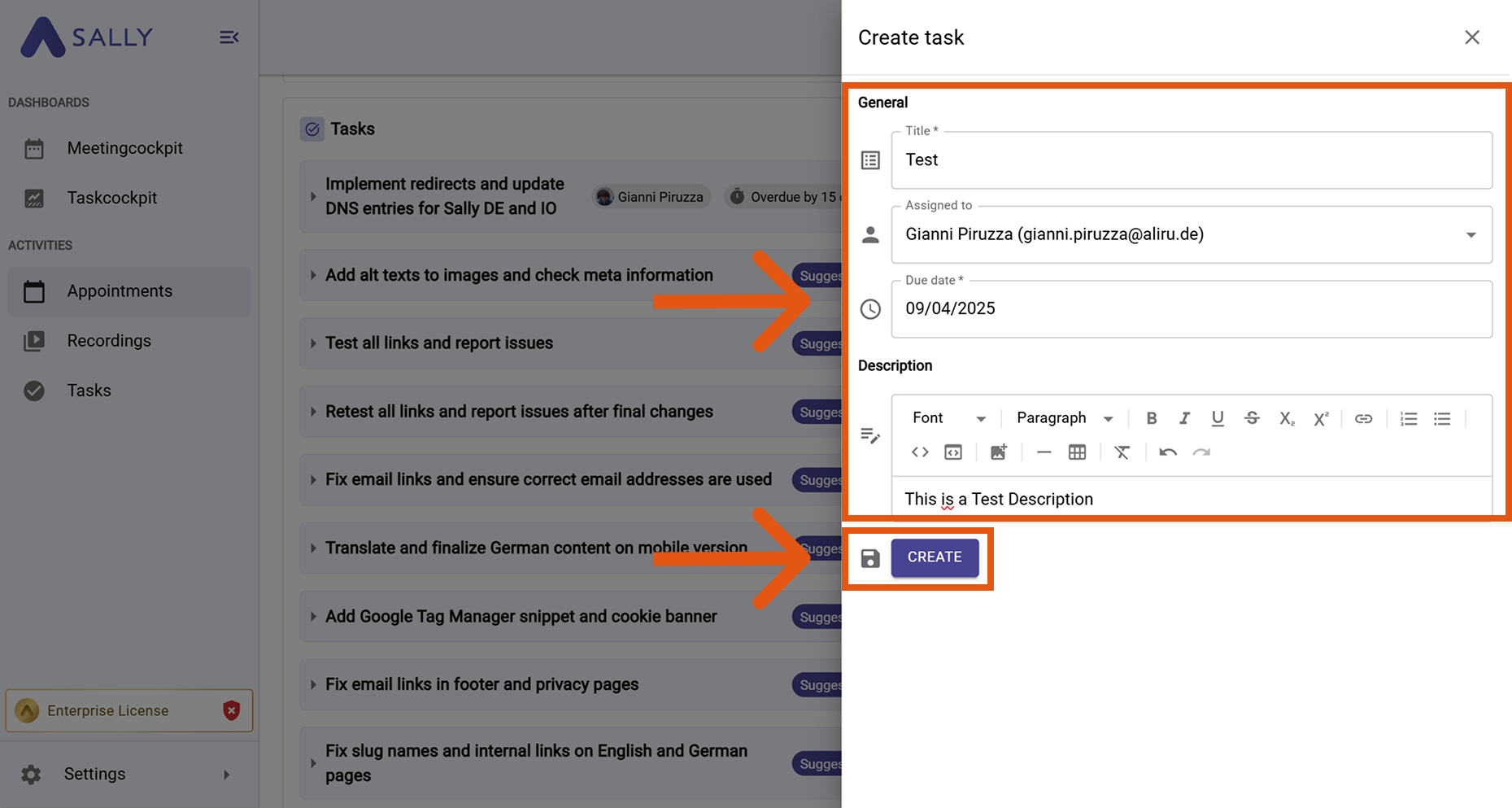 Form for creating a new task in Sally with Title, Assigned to, Due date and Description fields