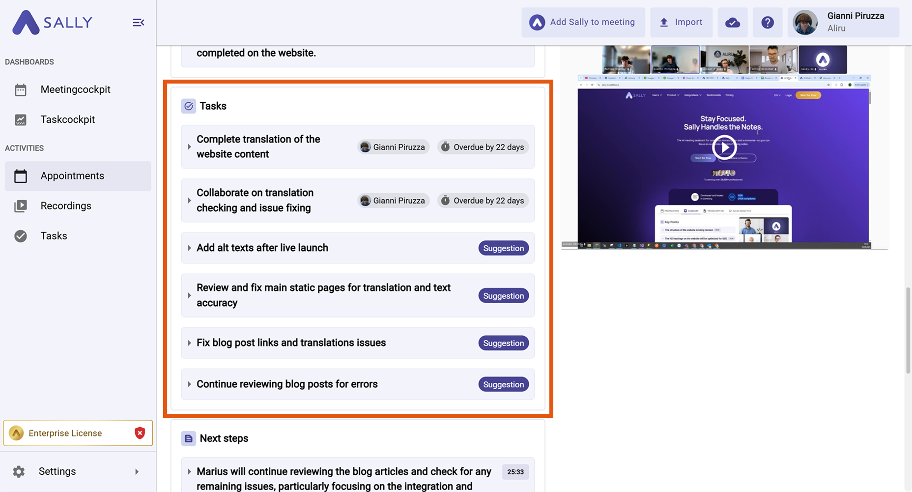 Sally interface highlighting the Tasks panel in the Summary view