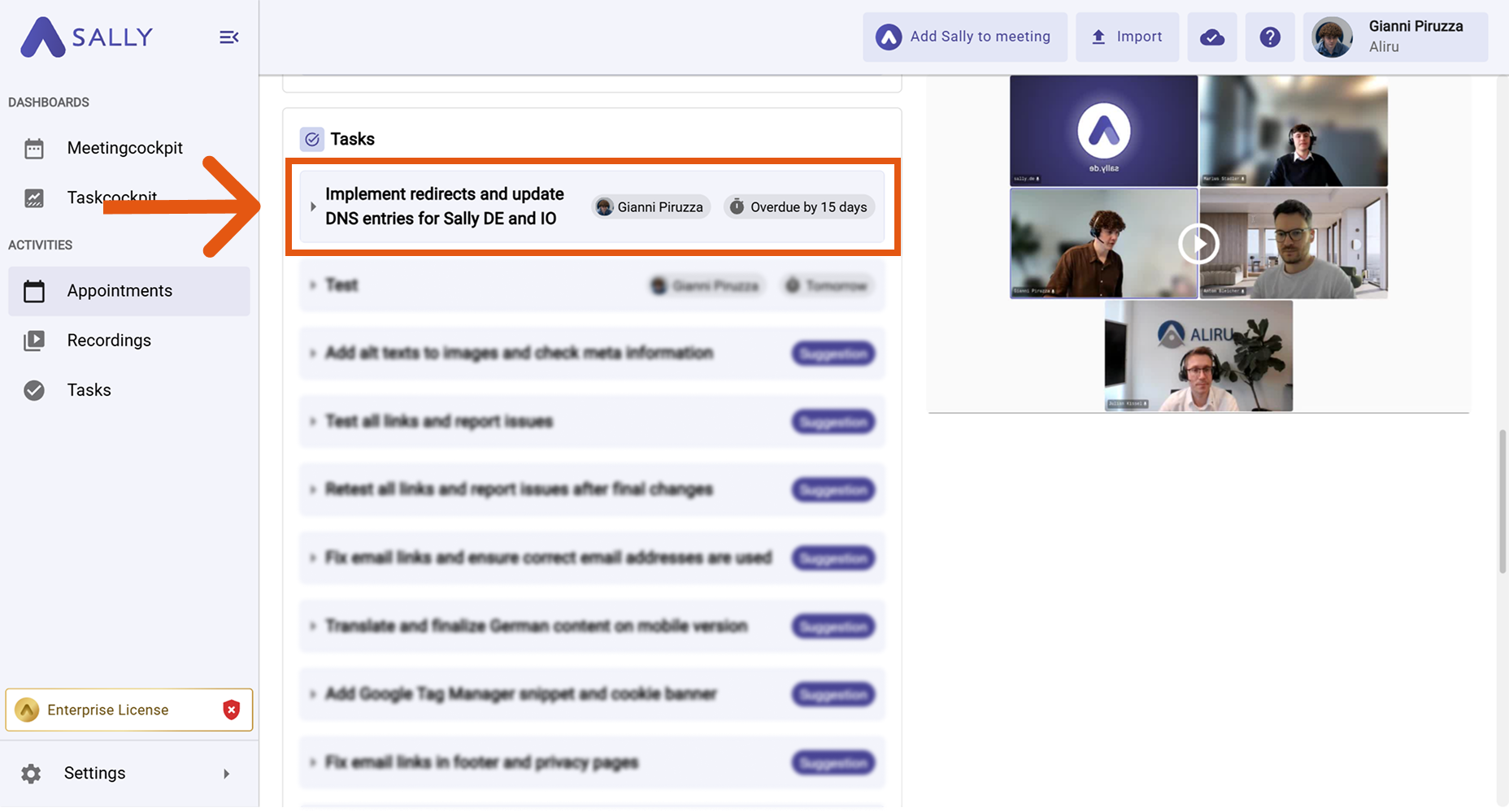 Newly created task displayed in the Sally task list