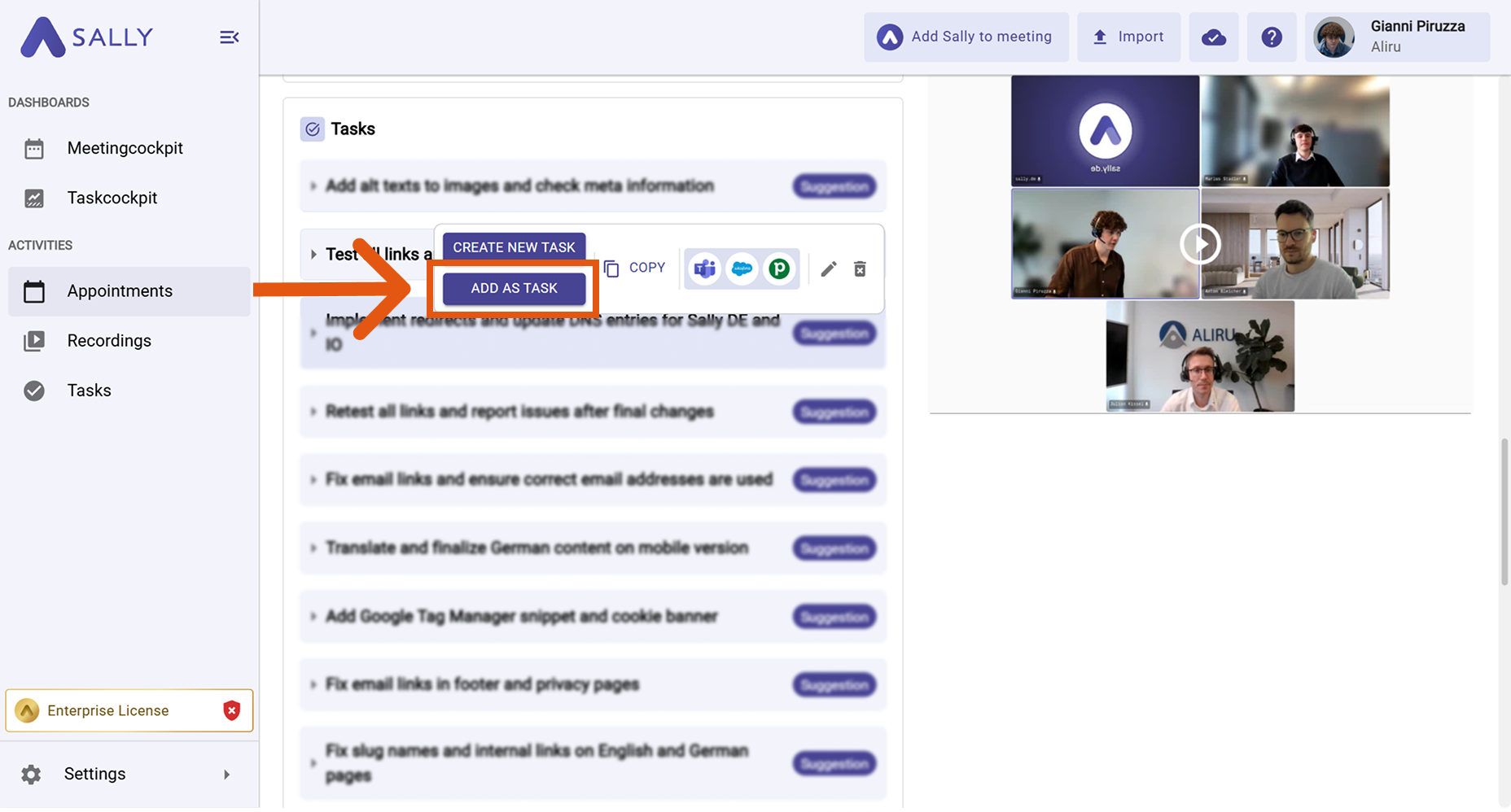 Menu with options to create a new task or add as task from Sally suggestions