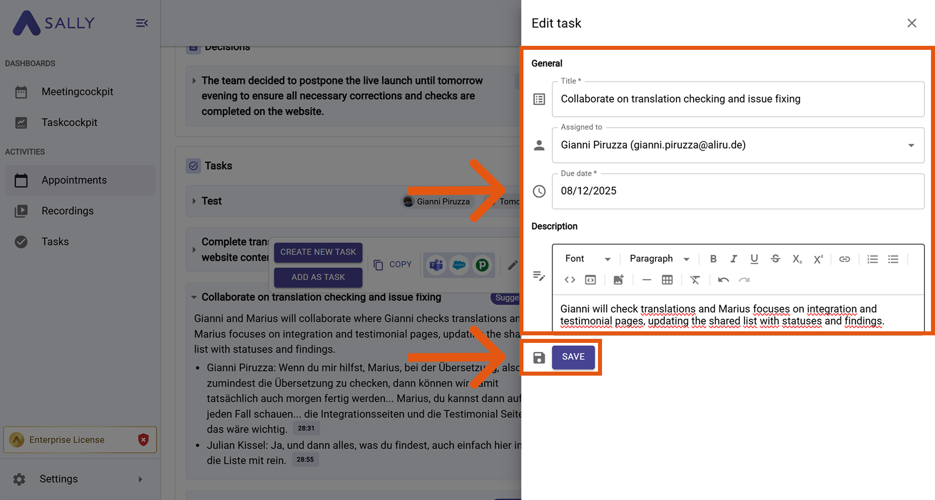 Editing a suggested task in Sally with Title, Assigned to, Due date and Description before saving