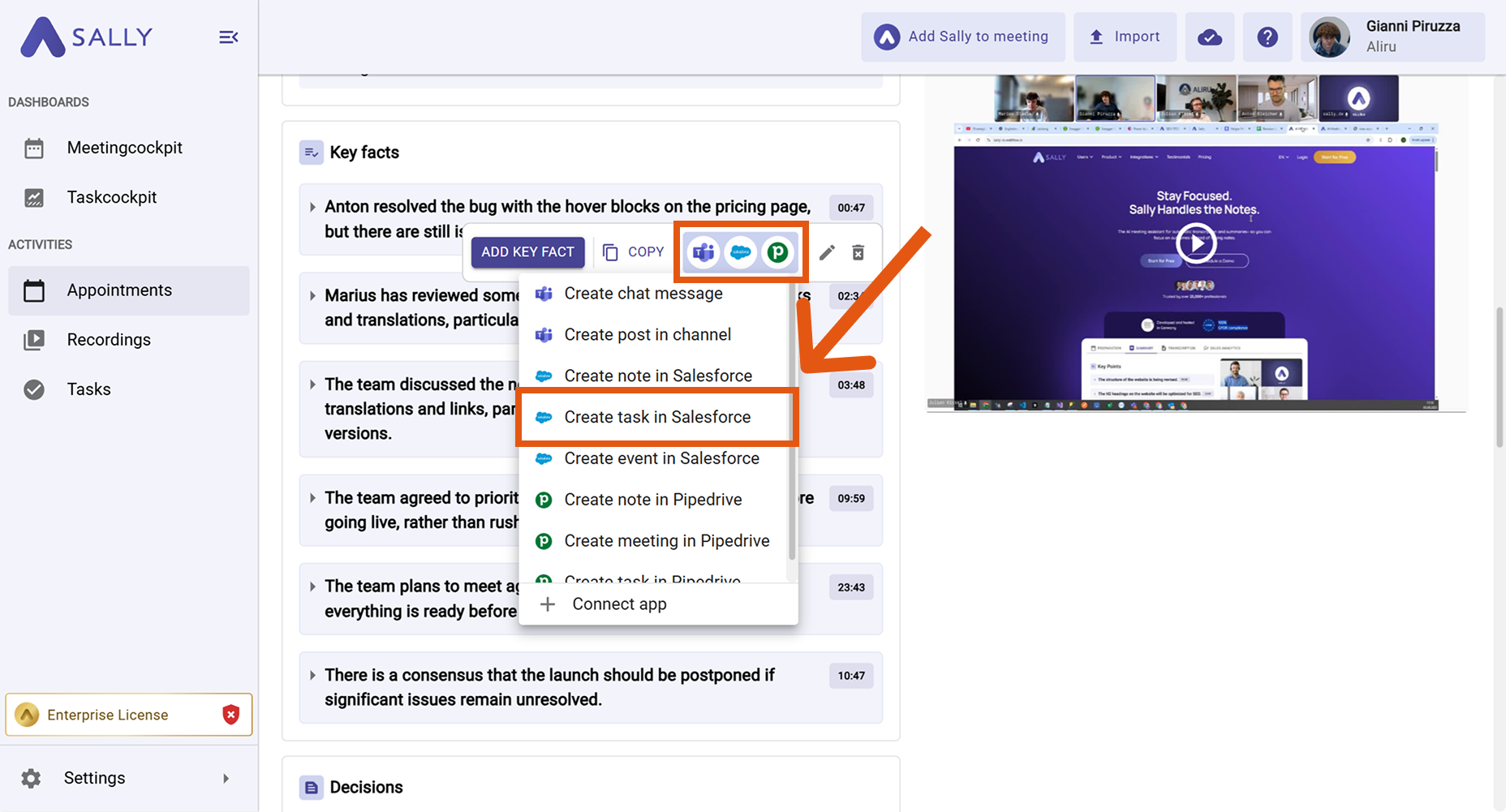 Integration menu in Sally showing options like Salesforce, Microsoft Teams and Pipedrive to sync a task