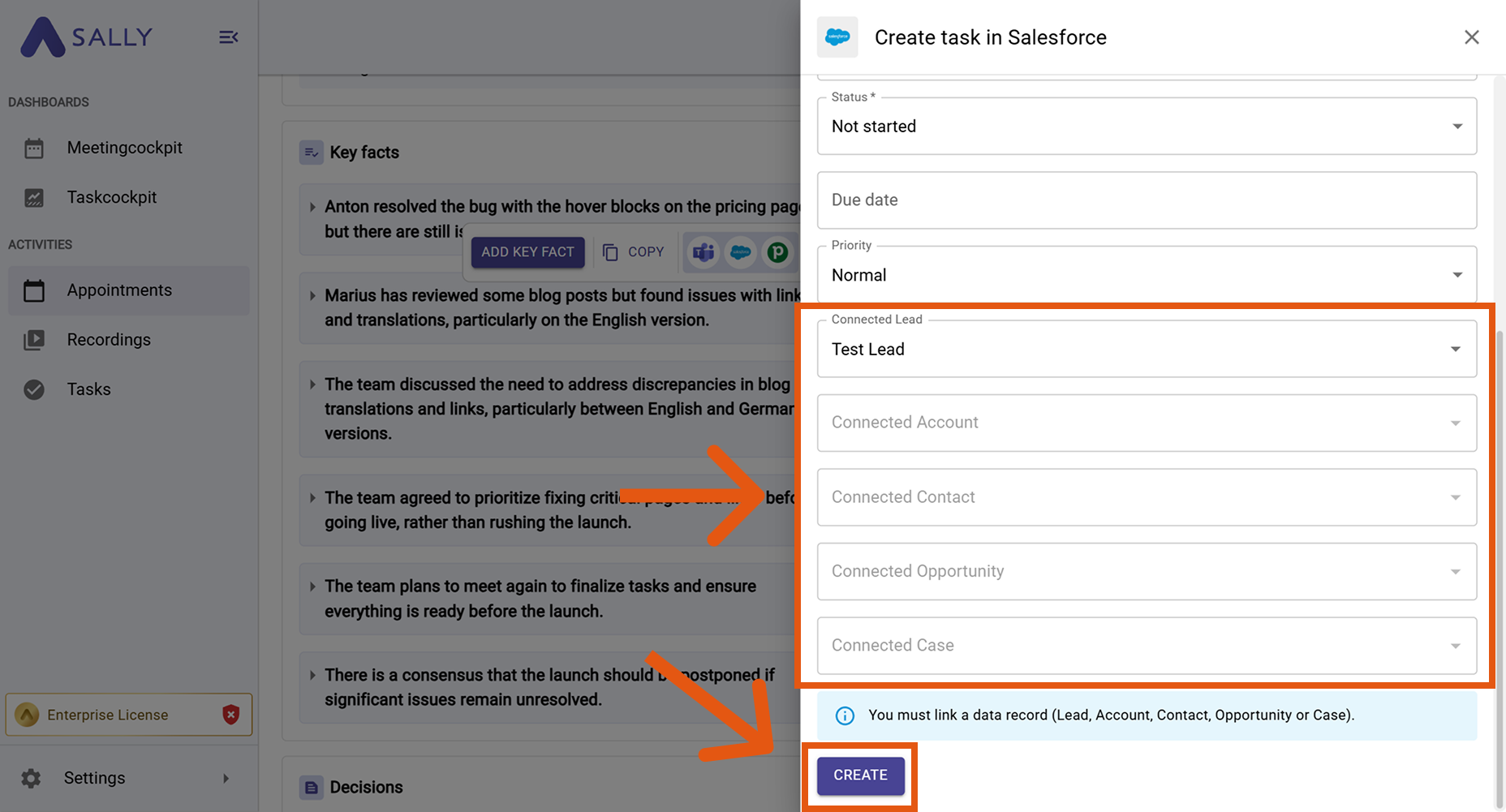 Salesforce integration form in Sally with linked Lead, Account and Contact fields to create a task