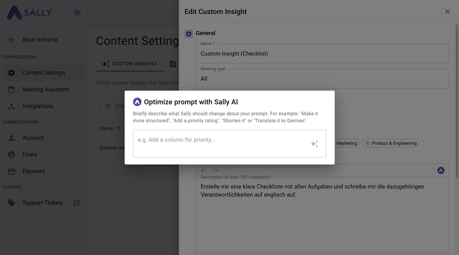 Ask Sally prompt optimization dialog
