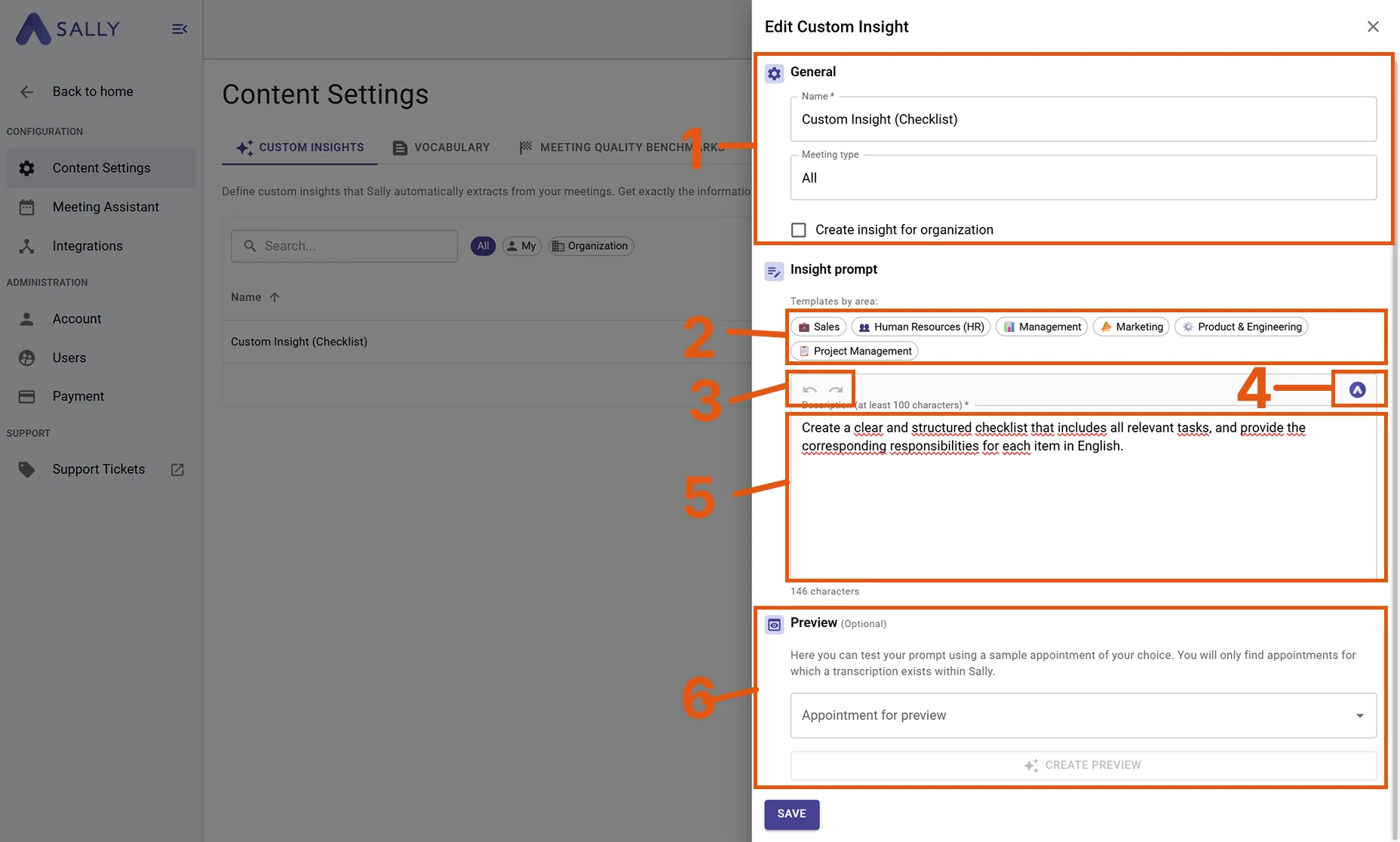 Custom Insights form with numbered elements