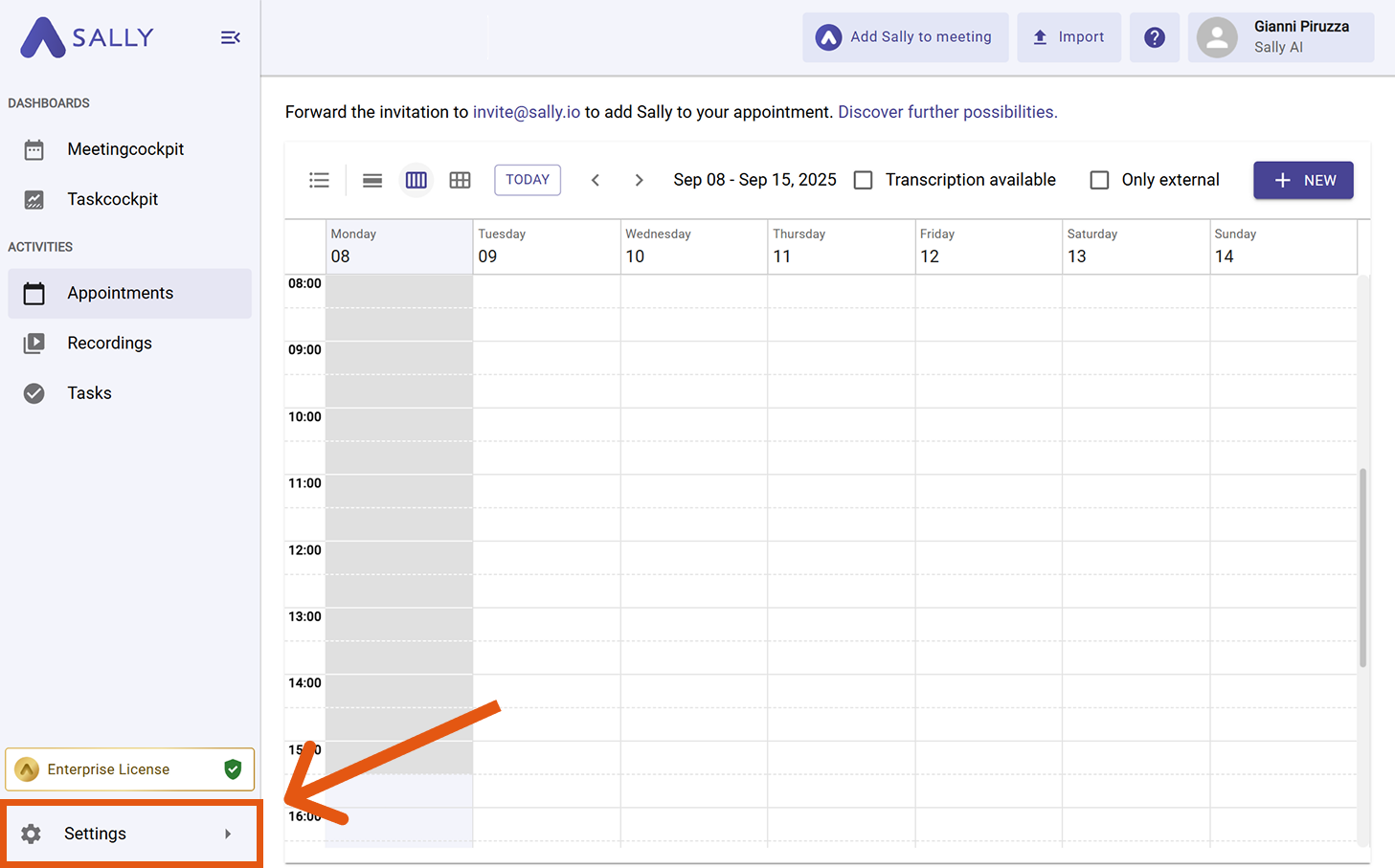 Sally interface with Settings highlighted in the left sidebar