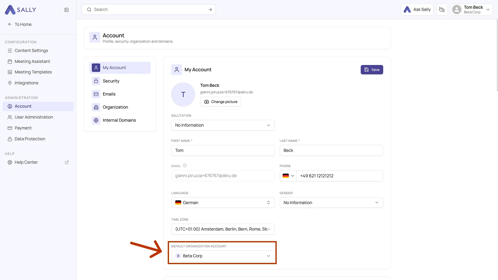 My Account tab with the Default organization account field highlighted