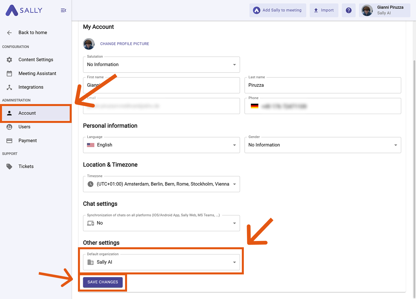 Account page showing Default organization dropdown and Save changes button highlighted