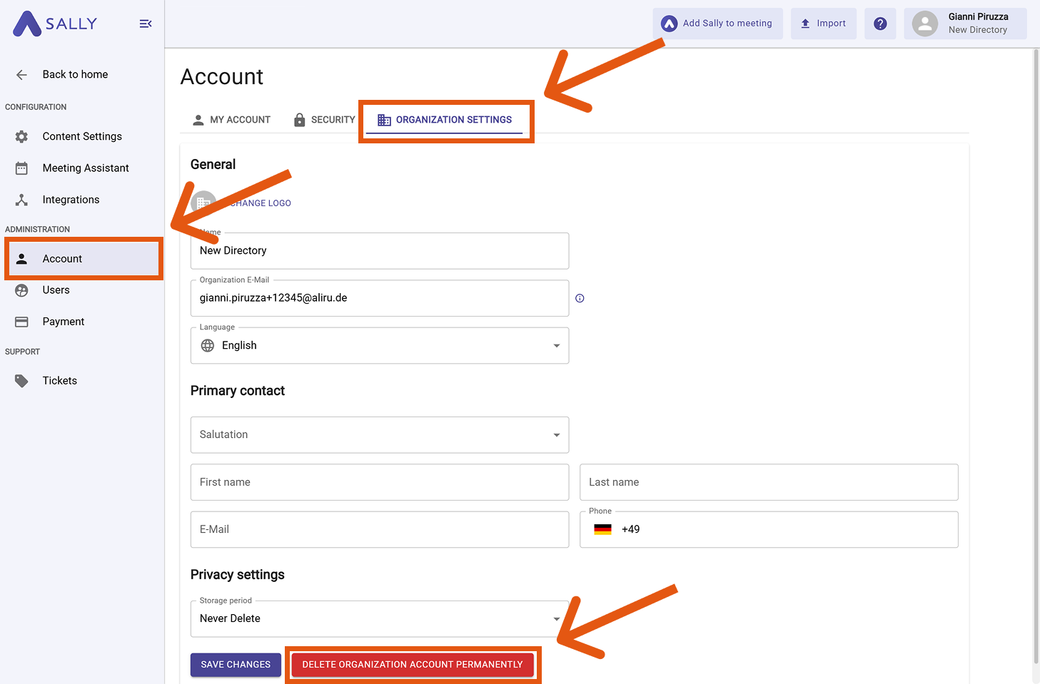 Organization Settings screen with the Delete Organization Account Permanently button highlighted