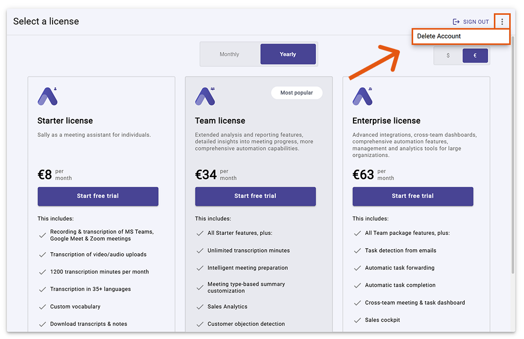Sally license selection screen showing Delete Account option under three-dot menu