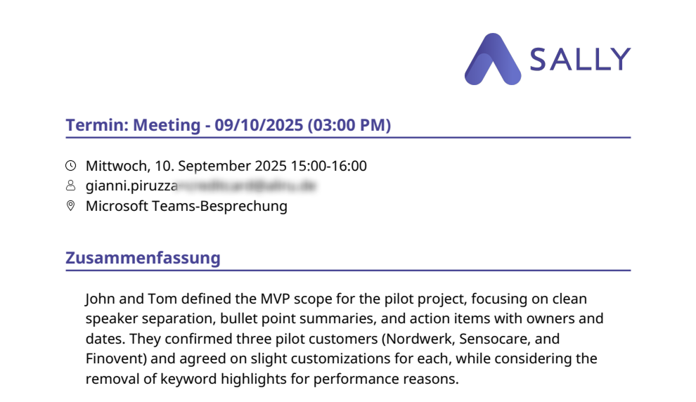 Example of a meeting summary document generated by Sally