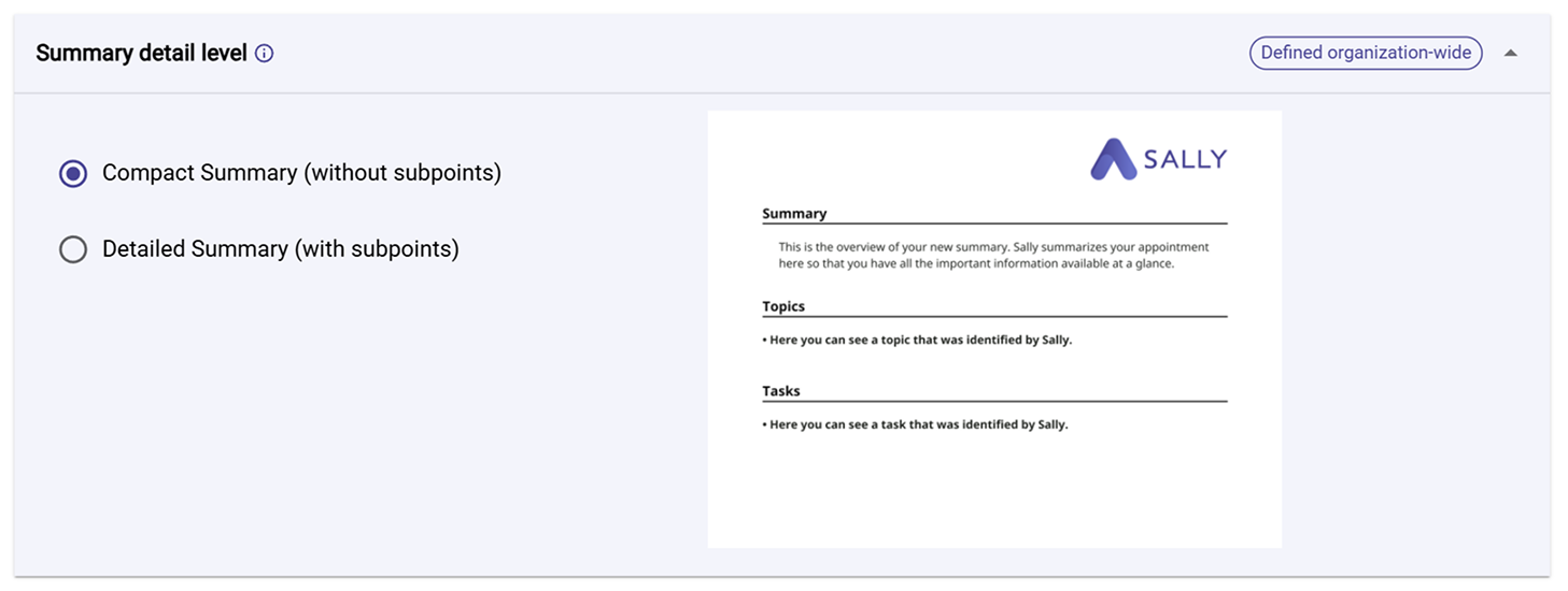 Summary detail level options in Sally settings