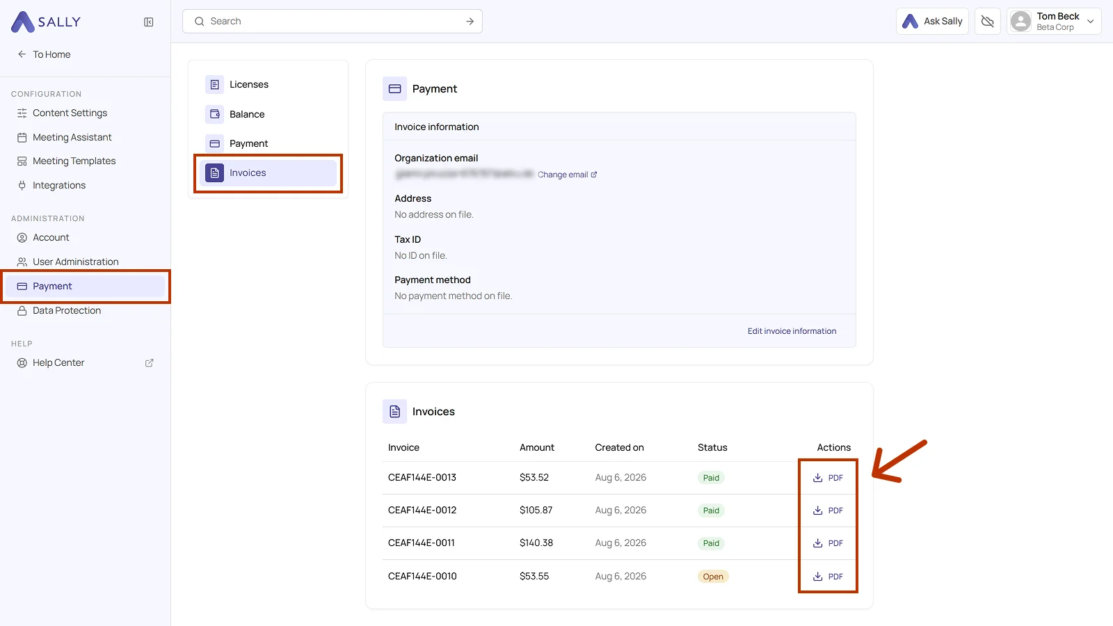 Invoices section in the payment settings with the table and the PDF links in the Actions column highlighted