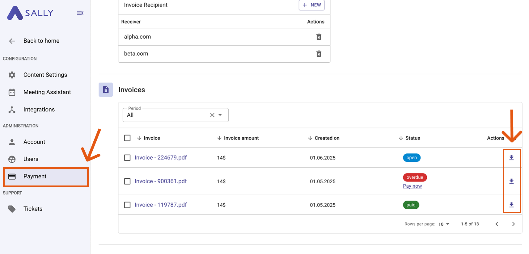 Sally Payment settings showing the Invoices section with download icons