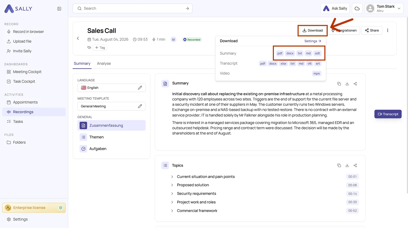 Sally download menu with the export formats for the summary