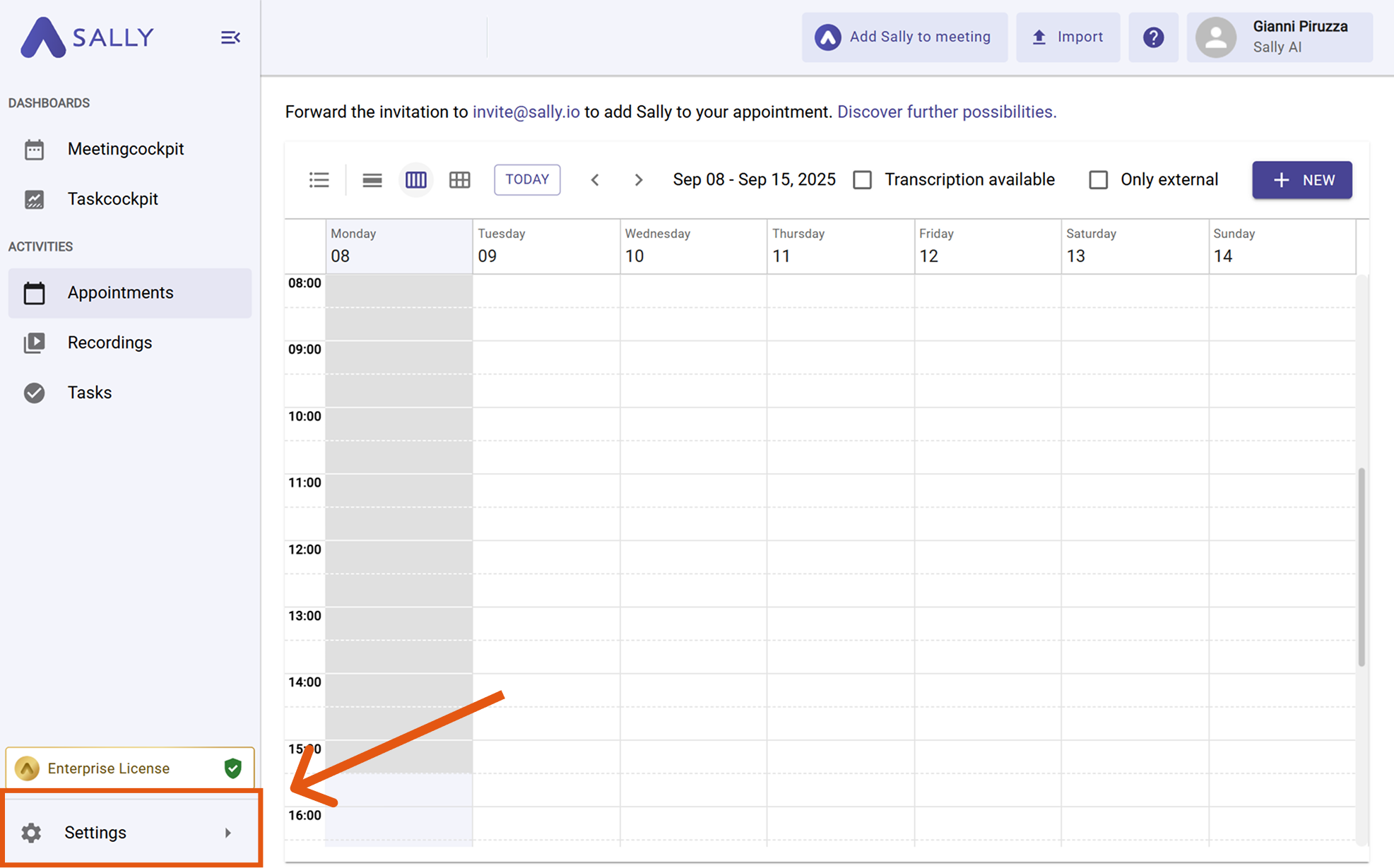 Sally settings highlighted in the sidebar