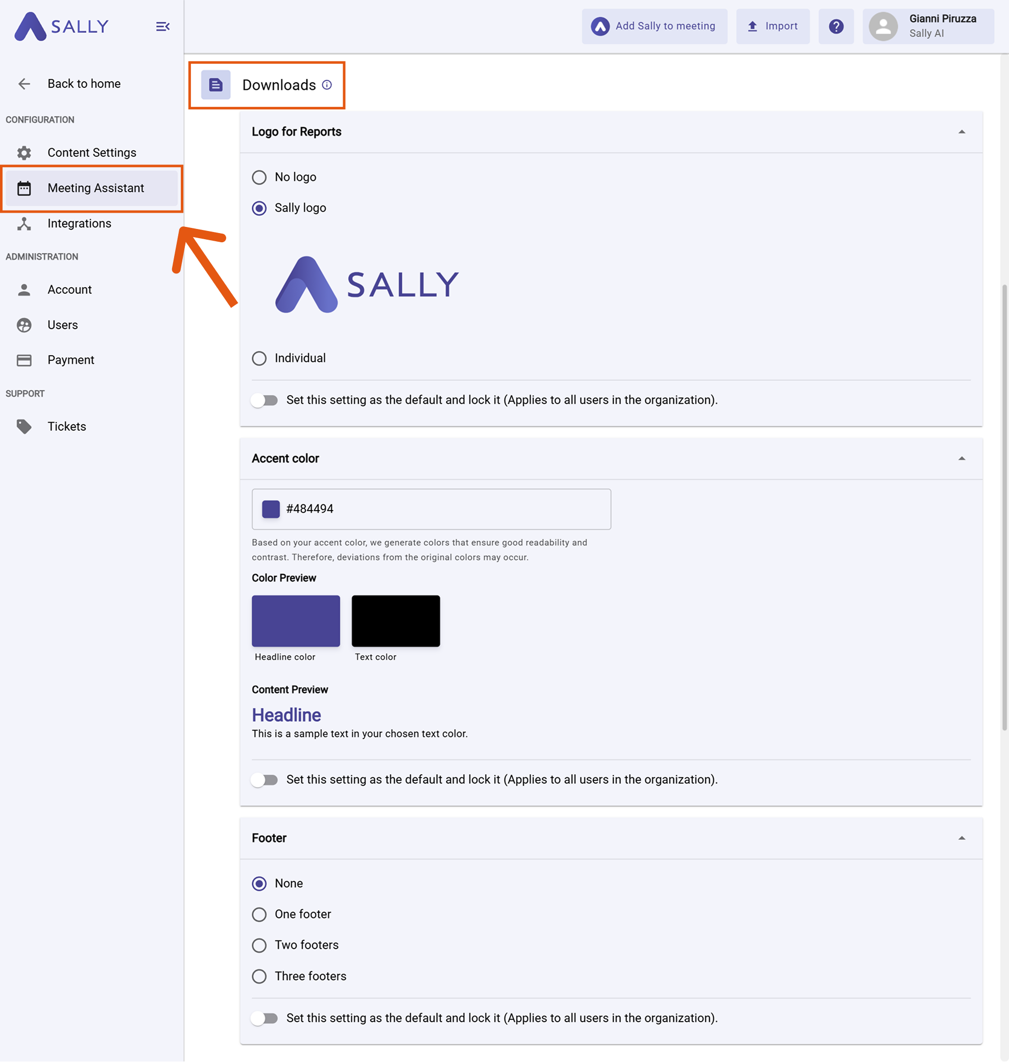 Downloads tab in Meeting Assistant