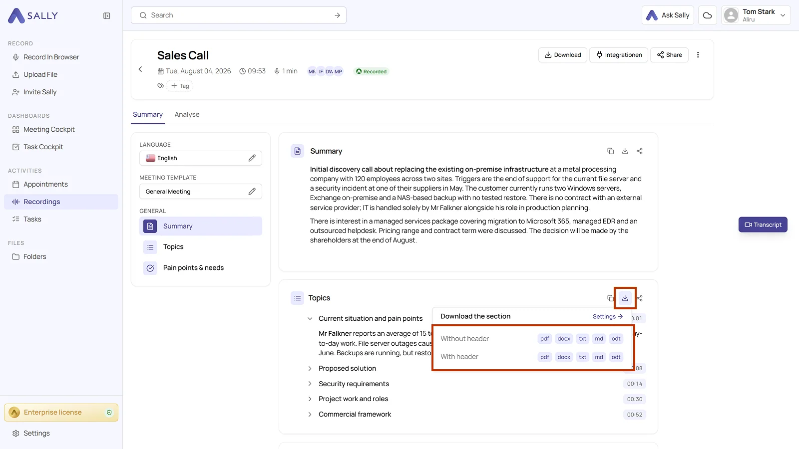 Sally section download menu with the options without header and with header