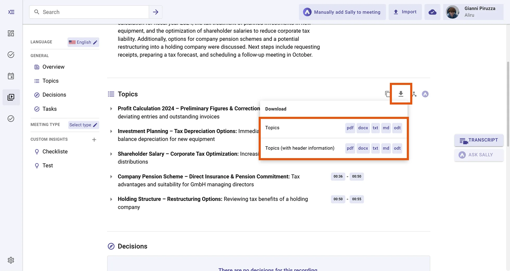 Download a single summary section in Sally