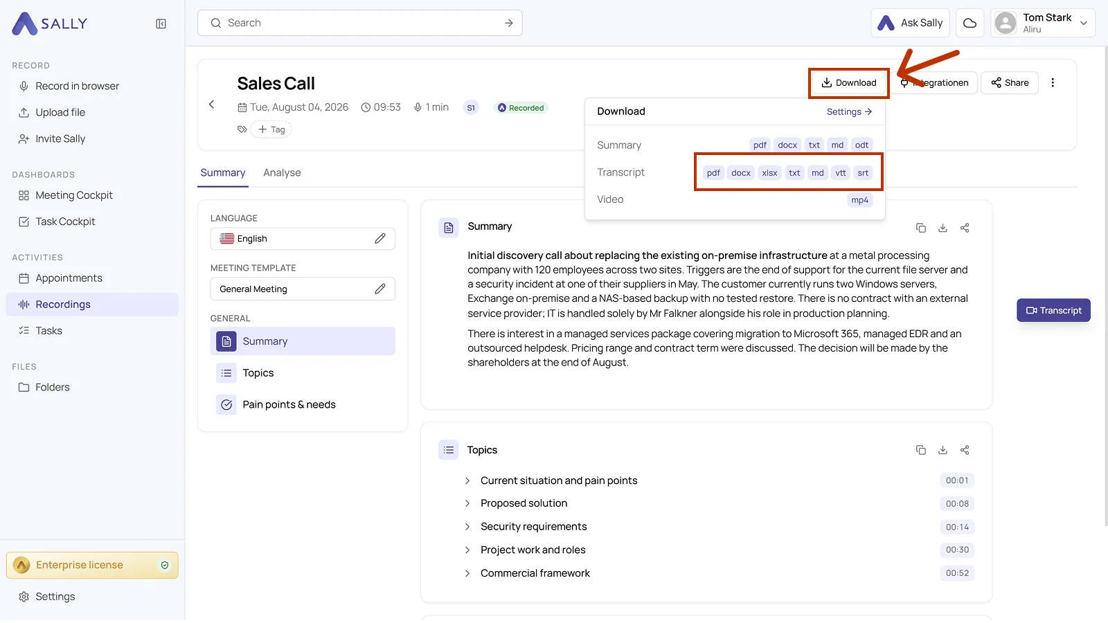 Sally download menu with the export formats for the transcript