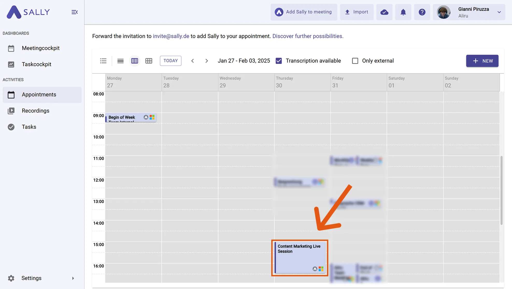 Sally calendar with a meeting selected as source for transcript download
