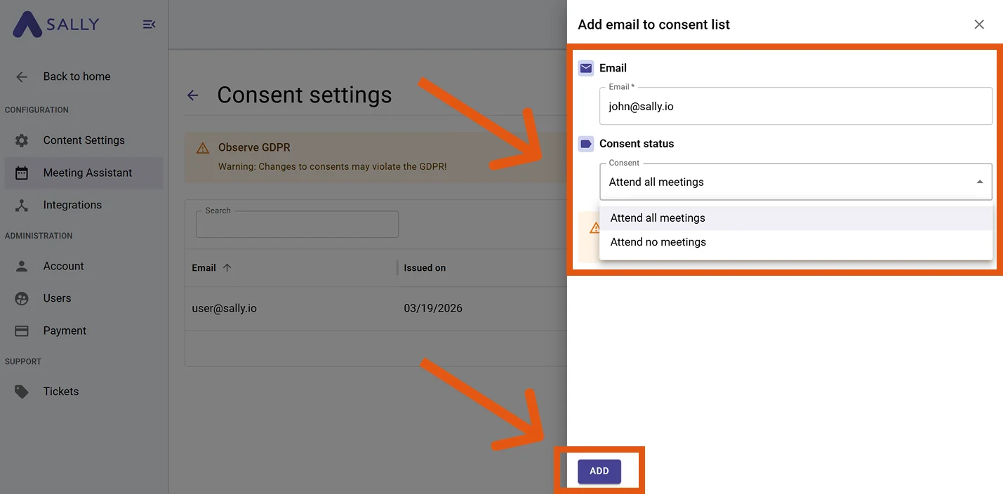 Form for adding a consent