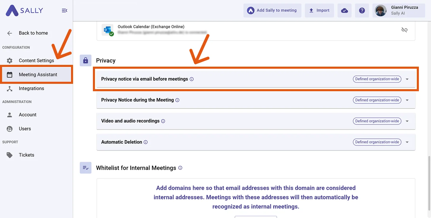Privacy settings with Privacy notice via email before meetings highlighted