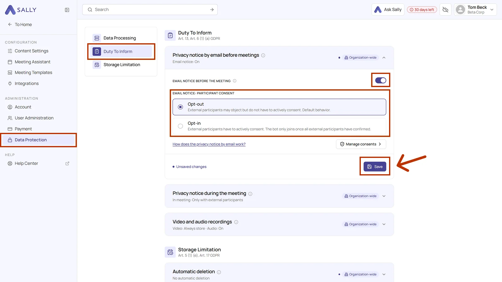 Duty To Inform area in the privacy settings with the email notice toggle, the Opt-out and Opt-in options, and the Save button
