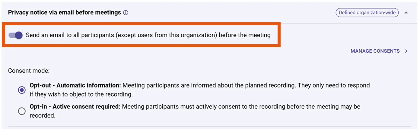 Toggle to send an email to all participants before the meeting
