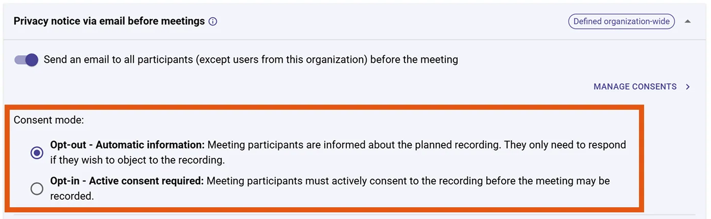 Select the consent mode for the email privacy notice
