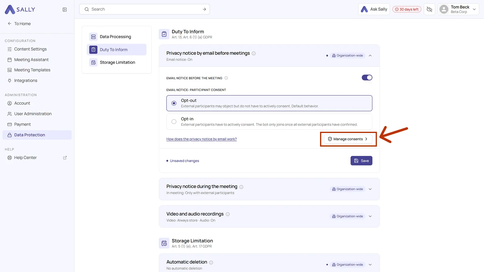 Privacy notice by email before meetings section with the Manage consents button highlighted