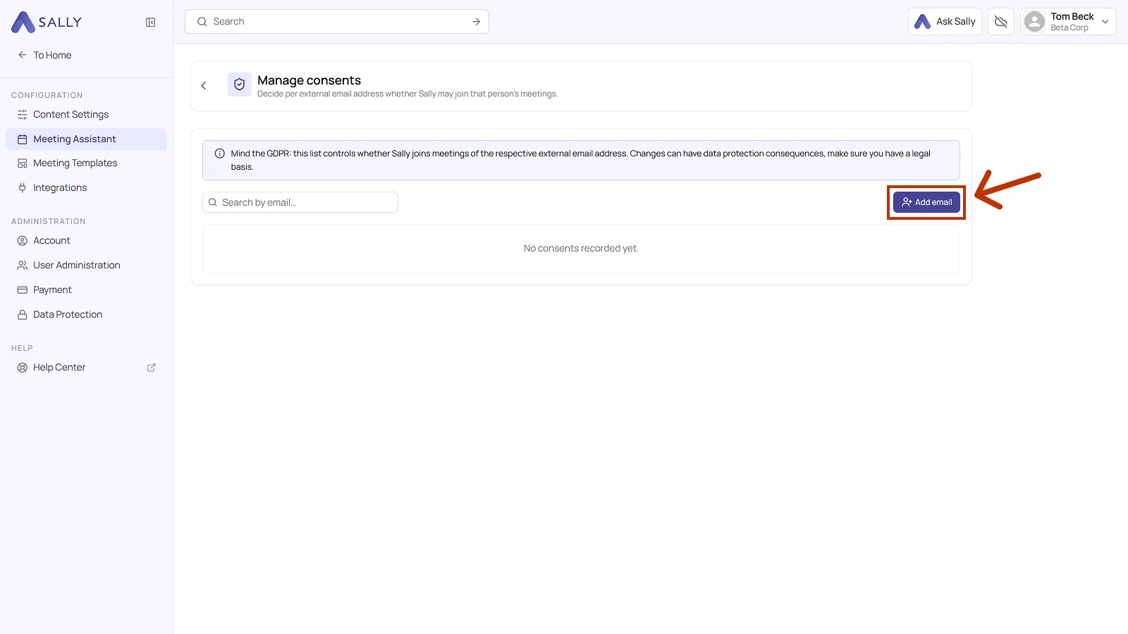 Manage consents overview with the search field and the Add email button highlighted