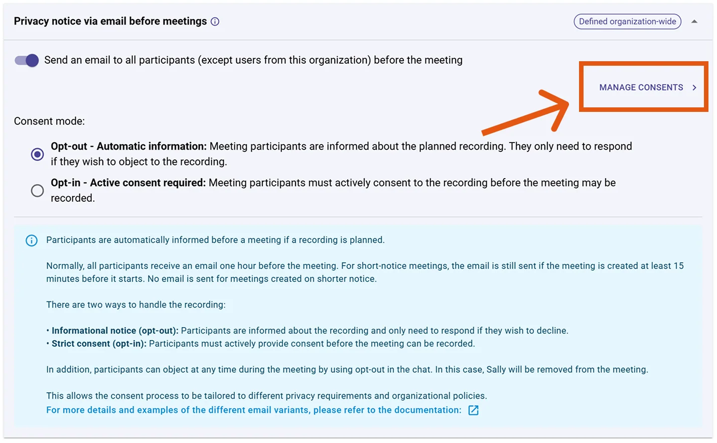 Manage consents button in the privacy notice via email section