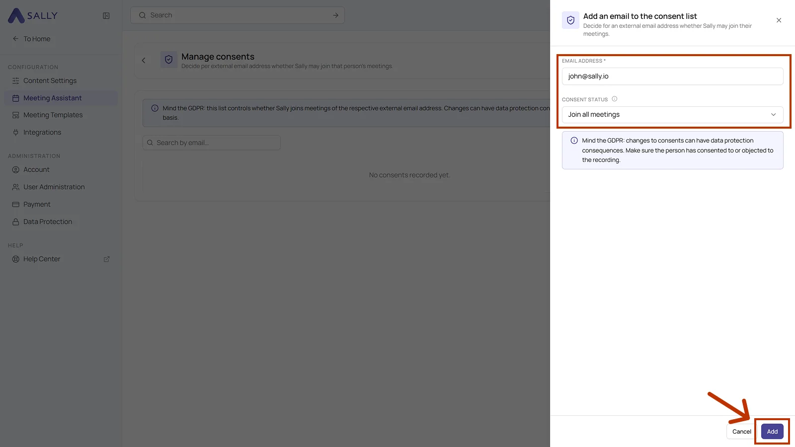 Add an email to the consent list panel with the email address field, the consent status, and the Add button