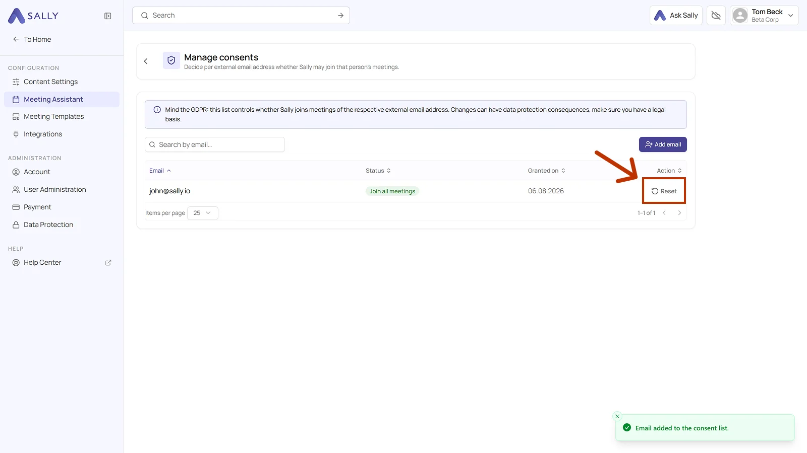 Consent list with one entry and the Reset entry highlighted in the Action column