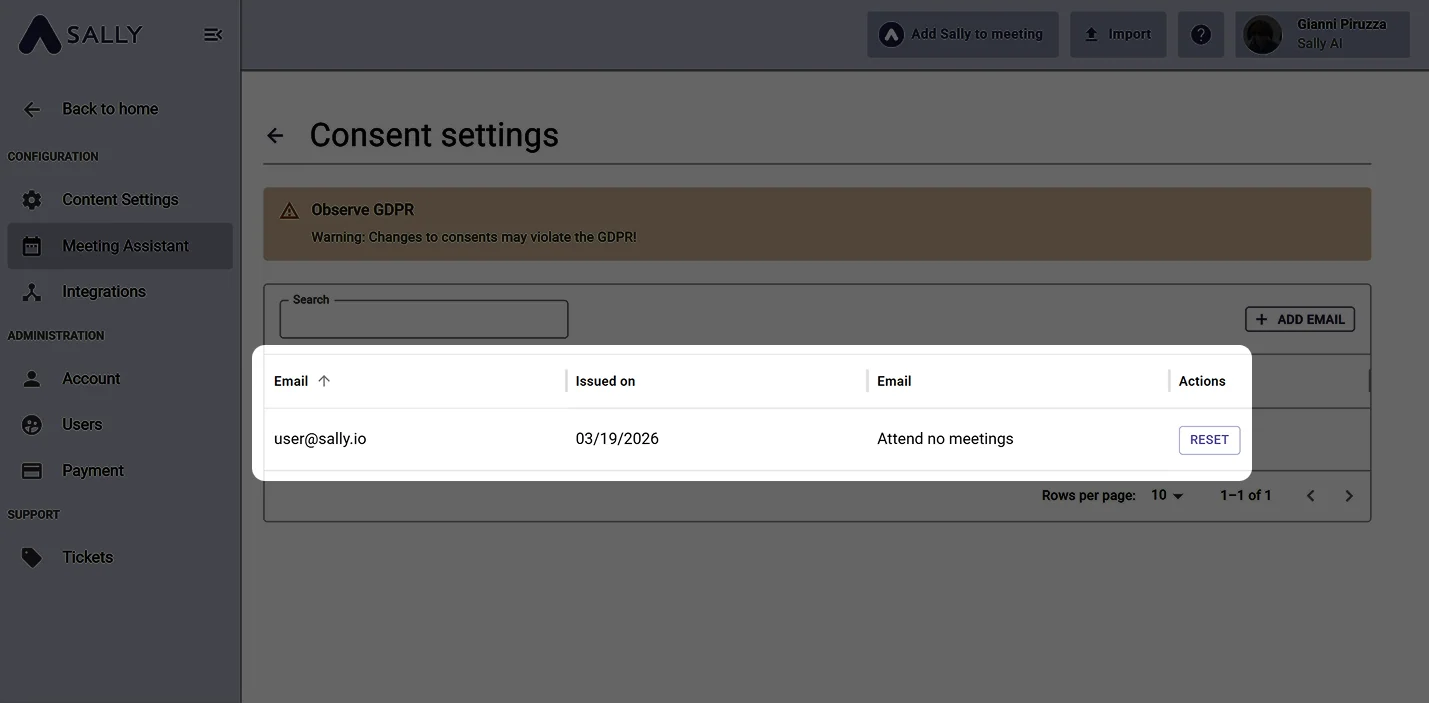 List of all consents with email and status