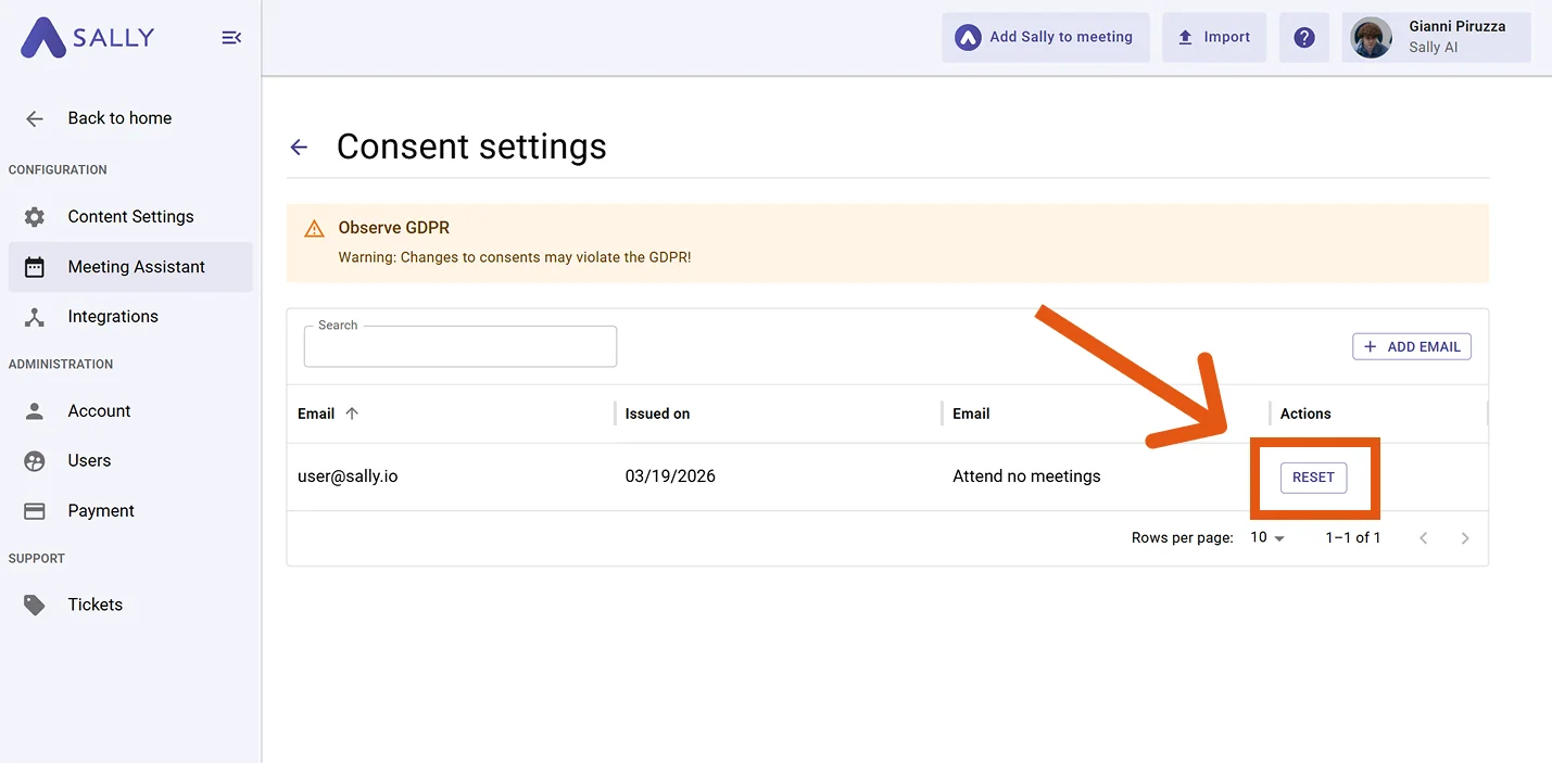Reset button for a consent entry