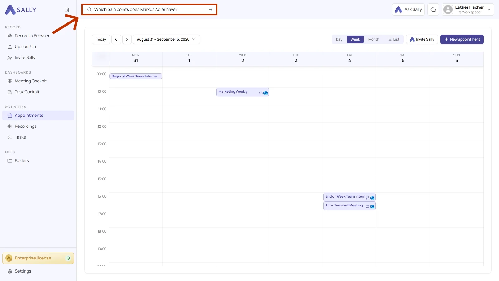 Sally appointment view with the search field at the top highlighted and a question entered