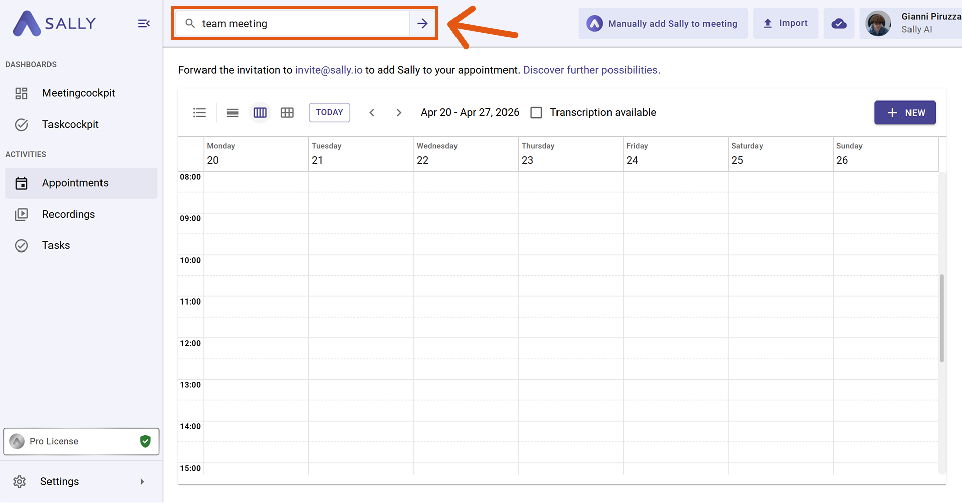 Search bar on the Sally dashboard